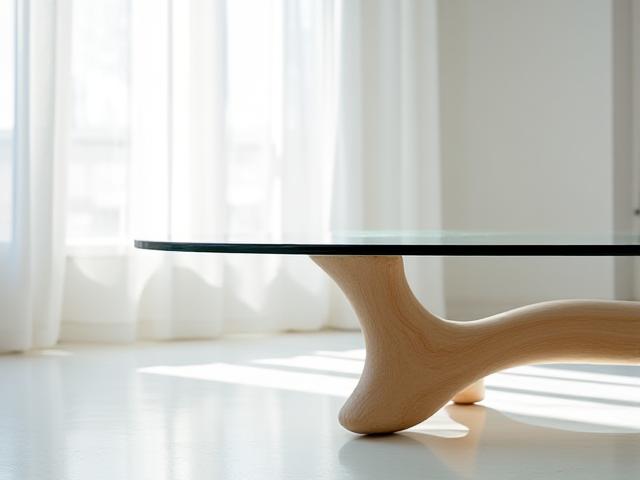 Elegant salongbord med glassplate og understell av tynn bjørk.